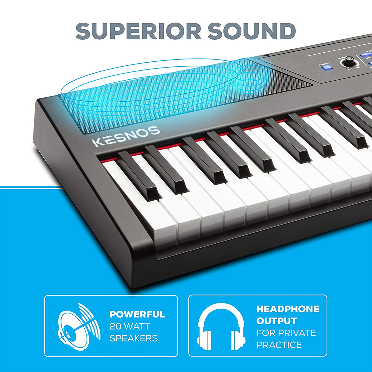 Kesnos 61 Key Digital Piano Keyboard with Semi Weighted Keys, 20W Speakers, 10 Voices, Split, Layer and Lesson Mode