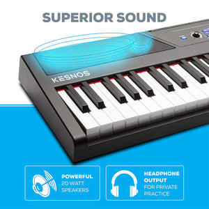 Kesnos 61 Key Digital Piano Keyboard with Semi Weighted Keys, 20W Speakers, 10 Voices, Split, Layer and Lesson Mode