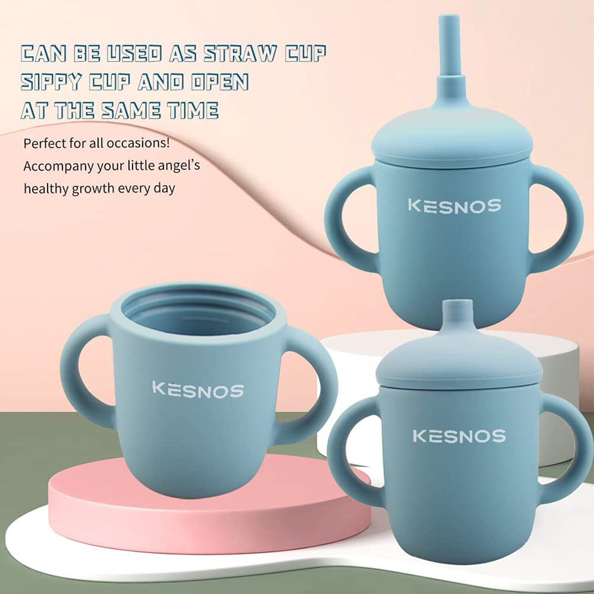 Kesnos Toddler Cup, Silicone Training Cup Sippy Cup with Straw, Spill Proof and Non-Slip Handles, NO BPA, Unbreakable, Trainer Cup for Babies Toddlers and Infants, 5 oz, 2 Count, Yellow/Blue