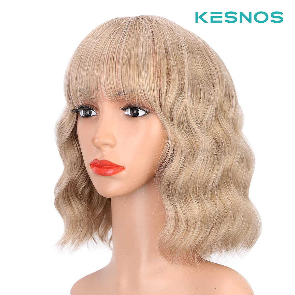 Kesnos Short Blonde Wigs With Bangs, Curly Wavy Bob Wig Pastel Cosplay Wigs Heat Synthetic Wig Daily Party Costume Use