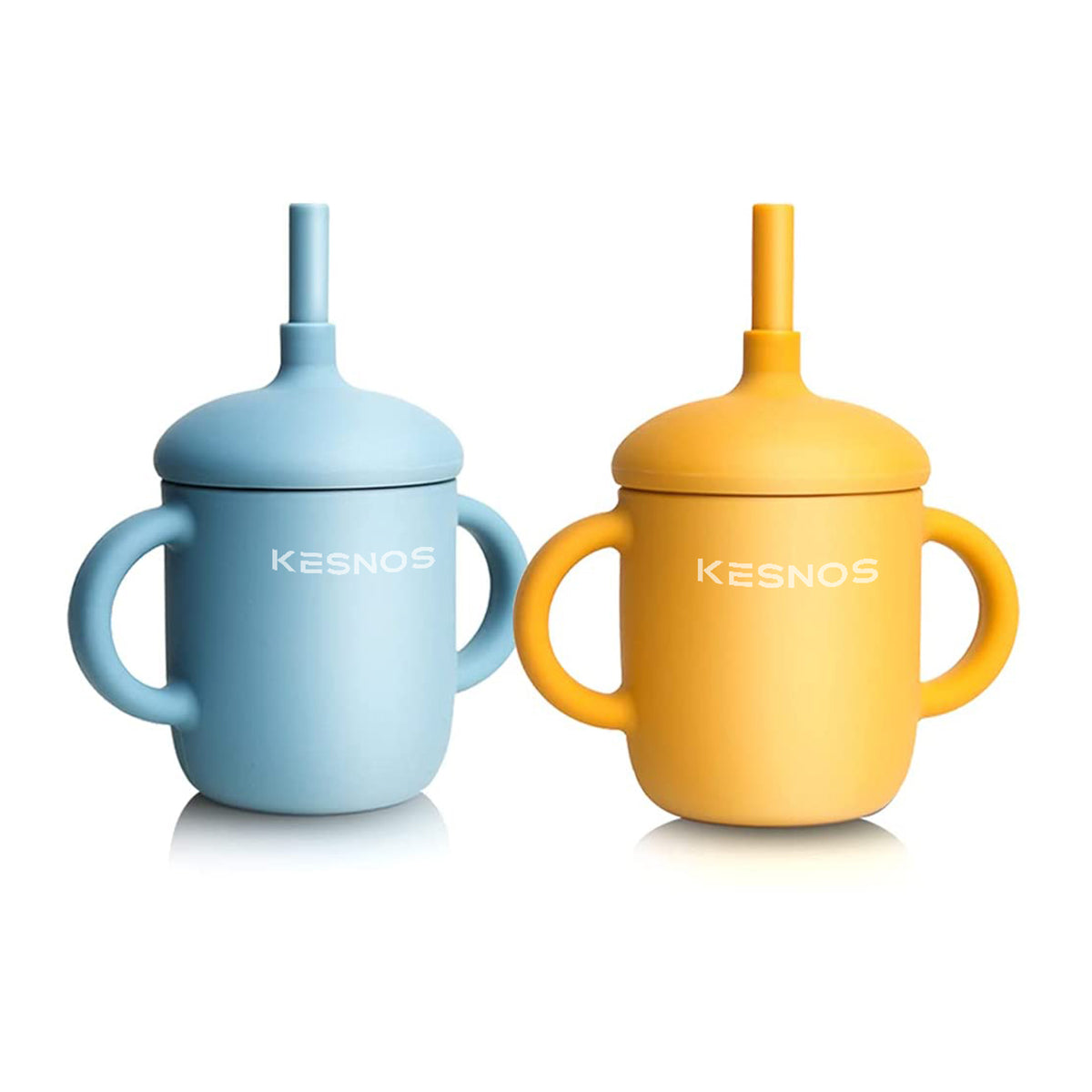 Kesnos Toddler Cup, Silicone Training Cup Sippy Cup with Straw, Spill Proof and Non-Slip Handles, NO BPA, Unbreakable, Trainer Cup for Babies Toddlers and Infants, 5 oz, 2 Count, Yellow/Blue