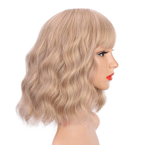 Kesnos Short Blonde Wigs With Bangs, Curly Wavy Bob Wig Pastel Cosplay Wigs Heat Synthetic Wig Daily Party Costume Use