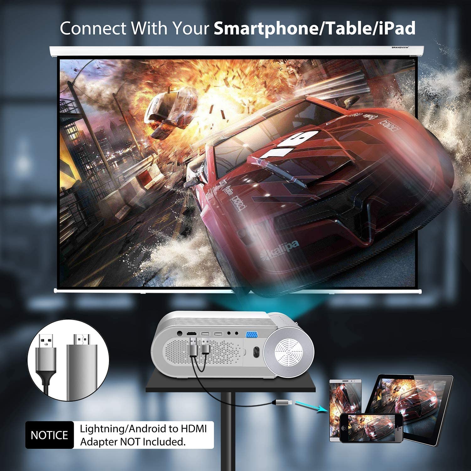 Kesnos Portable Video Projector 7500L, 1080P Full HD and 200”Display Supported Outdoor Movie Projector, Home Theater Projector Compatible with TV Stick, PS4, HDMI, USB, VGA